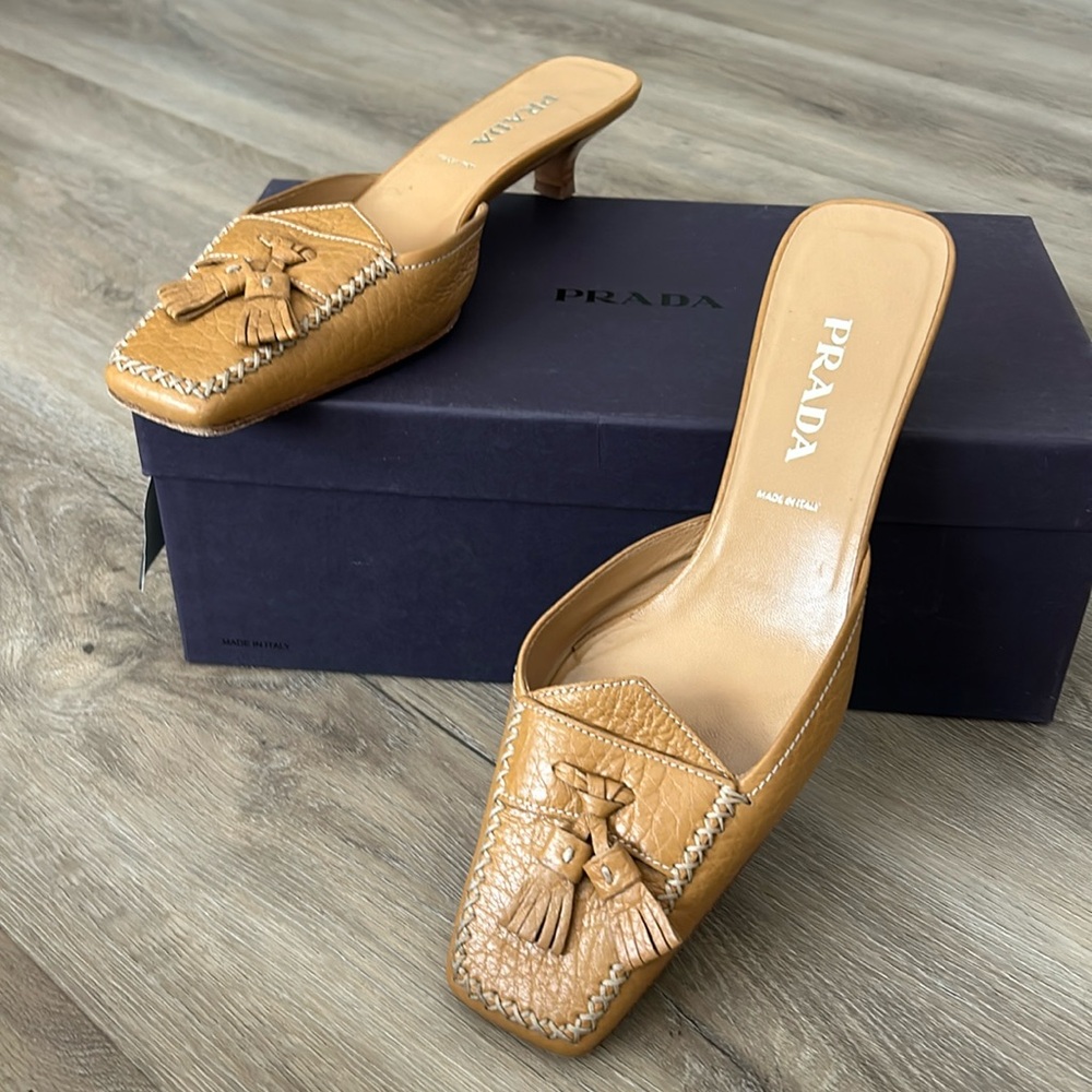Prada flat mules, size 6.5 in tan